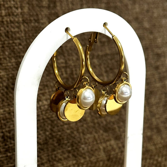 Pearl Charm Gold Hoops