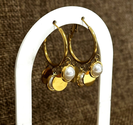 Pearl Charm Gold Hoops